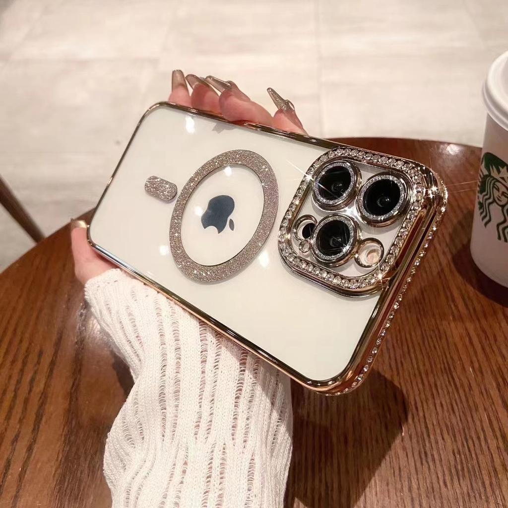 Applicable To IPhone17proMax Flash Powder Magnetic Suction Mobile Phone Case Rhinestone Apple 16 Electroplated Anti Fall 15 Protective Case 14