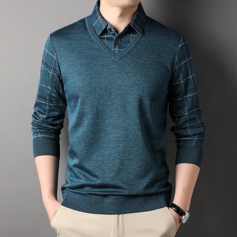 Business Lapel Fashion Striped Knitted Sweater Men's New Fake Two-Piece Knitted Sweaters Young and Middle-Aged Shirt Collar Top