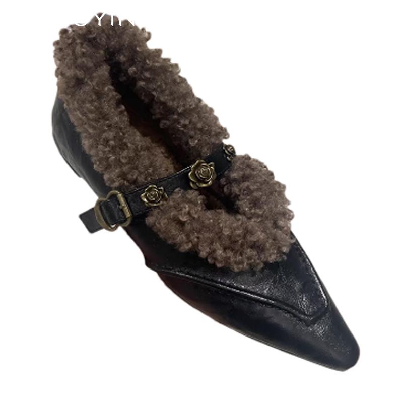 Fur Pointed Toe Women Shoes Flats Shallow Leather Shoes Woman 2025 Trend Winter Fashion Designer Walking Casual Zapatos Mujer