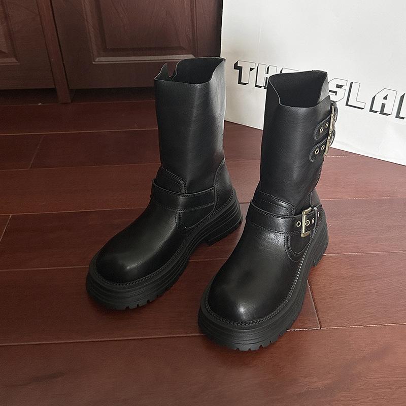 Martin Boots Women's Autumn and Winter New Thick Heel Belt Buckle Round Head Thick Sole Retro Western Cowboy Boots Locomotive Boots