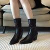 Fashion Autumn New Block Heel Stack Boots Women's Fashion Pointed Toe Pleated Sleeve Non-slip Wear-resistant Mid-leg Boots