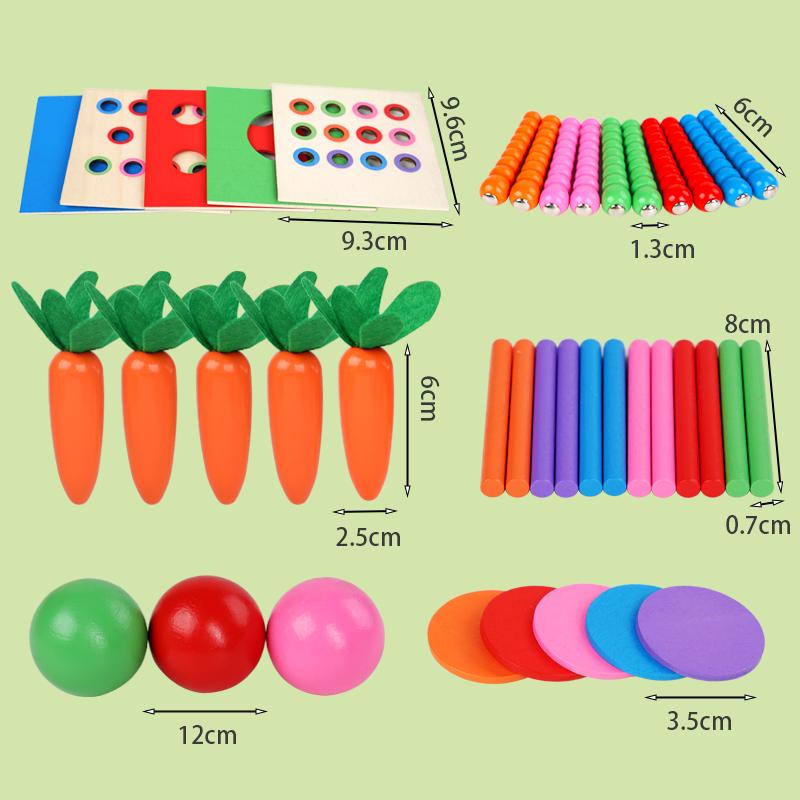 6-in-1 Wooden Montessori Toy Play Kit Object Permanence Box Play Set with Coin Box Carrot Harvest Shape Sorter Ball Drop Toy