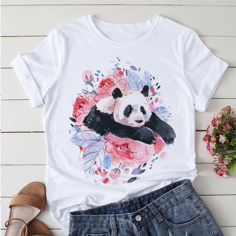 Aesthetics Cute Panda Print Women Basic Tees Cartoon Top O-Neck Simple Tee Short Sleeve T-Shirt Ladies Tees Graphic White Tshirt