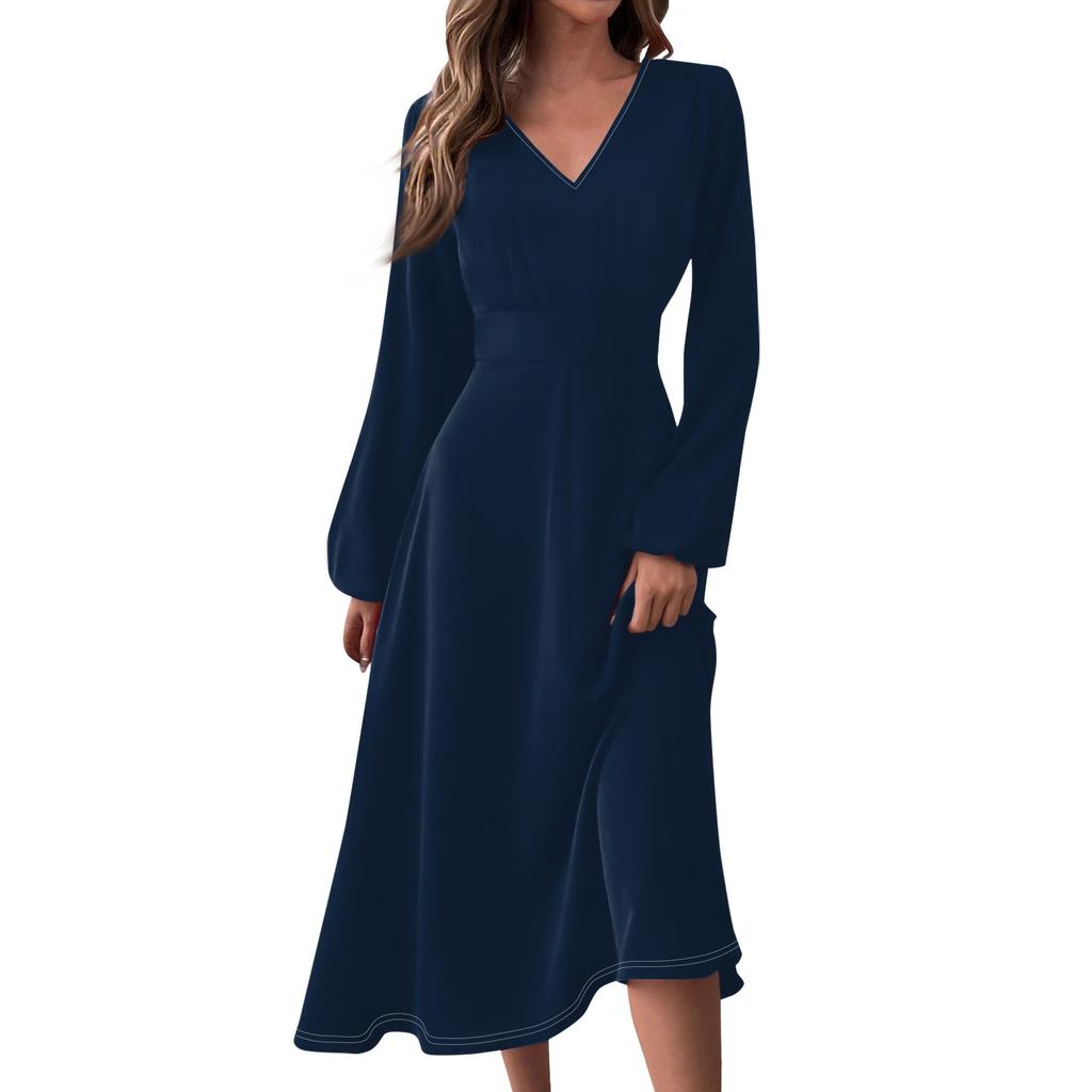 Women's Autumn And Winter Casual Fashion V-neck Long Sleeve Solid Color Long Dress