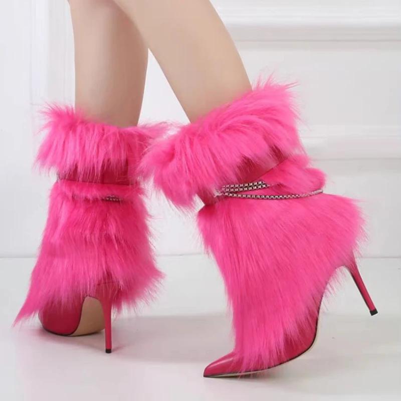 Fashion New High-heeled Pointed Niche Design Chain Hairy Boots European American Fashion Black Red Spicy Girl Sexy Women's Boots Size 43