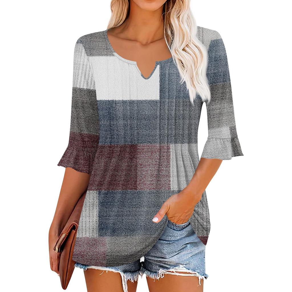 3/4 Sleeve Tops For Women Casual Ruffle V Neck T Shirts Work Blouses Dressy Tunic Tops