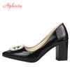 Aphixta 7cm 5cm Square Heels Patent Leather Pearl Buckle Shoes Woman Classics Pointed Toe Dress Official Pumps Party Big Size 48