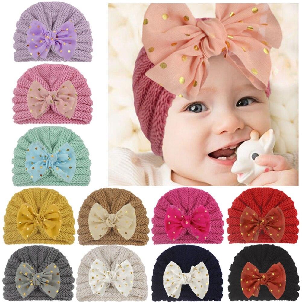 Solid Baby Cotton Cute Bear Ear Bowknot Turban Hats Sweet Soft 0-4T Elastic Caps for Newborn Baby Boy Girls Headwraps
