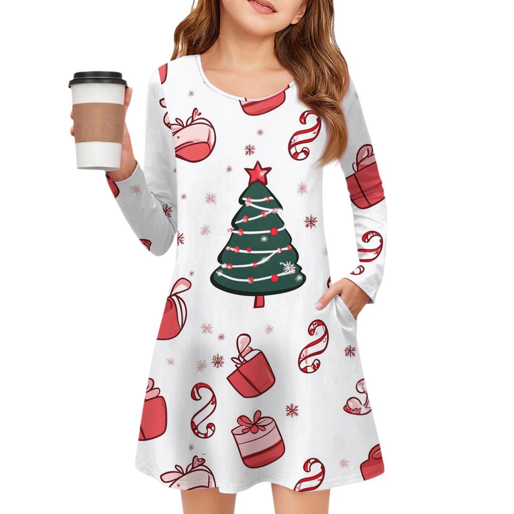 Christmas Day Girls' Long Sleeve Dress - Color Pocket Dress