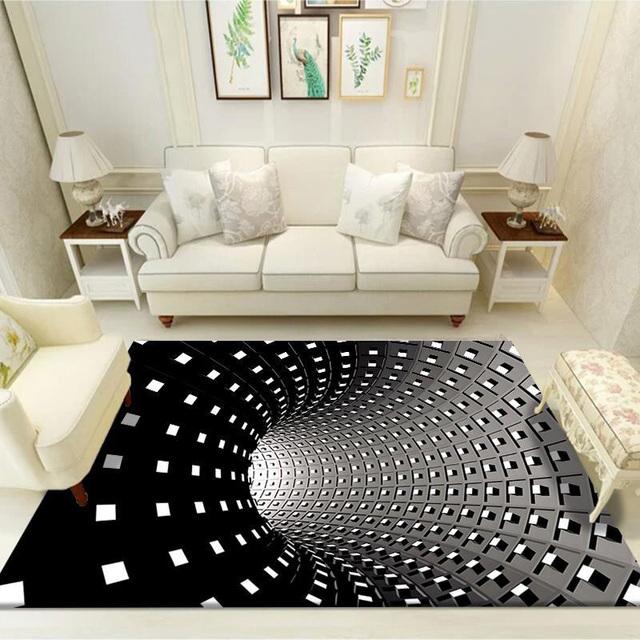 Trap Effect Vortex Illusion Rug Bottomless Hole Carpet Geometric Black White Grid Bedroom Living Room Anti Slip Floor Mats
