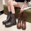 Fashion Retro Mid-calf Lace-up Biker Boots Women 2025 Winter Fashion Square Toe Side Zipper Design Chunky Platform Ankle Boots for Women