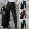 Women Pants Smooth Faux Leather Zipper Decor Waist Zipper Slim Fit High Button Closure Multi Pockets Solid Color Pencil Pants