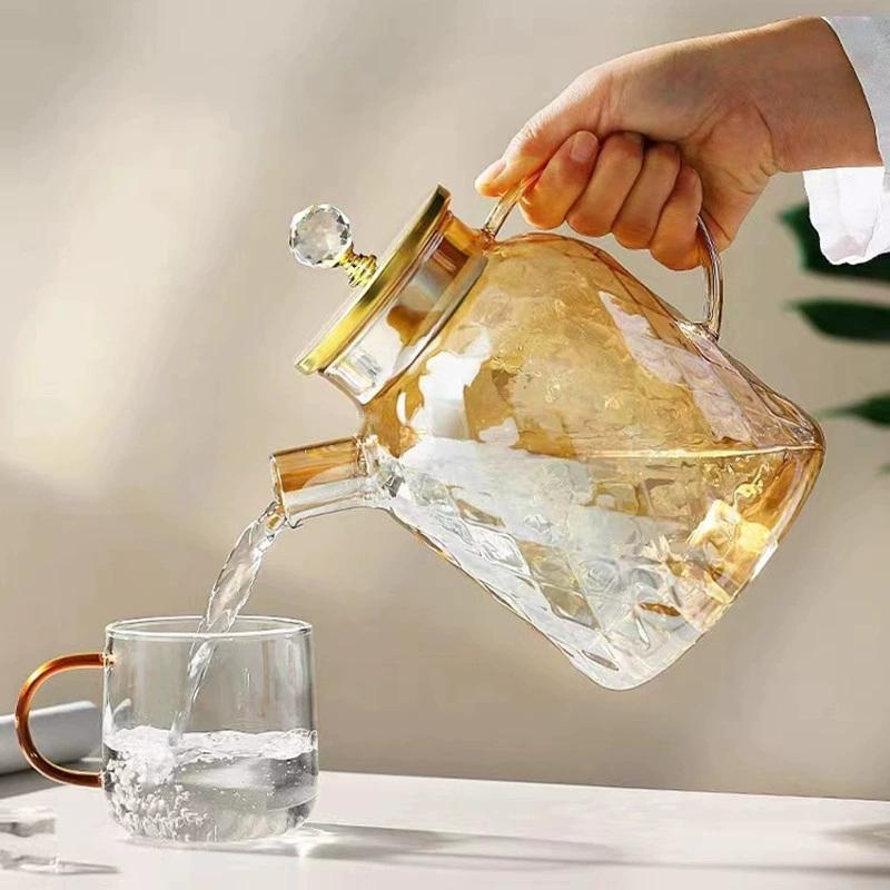 Glass Tea Kettle With Bamboo Lid And Removable Filter Spout Champagne Teapot For Loose Leaf Blooming Tea And Fruit Tea 1/15/1.8L
