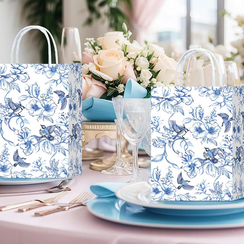 10pcs Blue & White Shopping Paper Gift Bags Elegant Porcelain Floral Tote Bags Chinese With Twine Handles Weddings