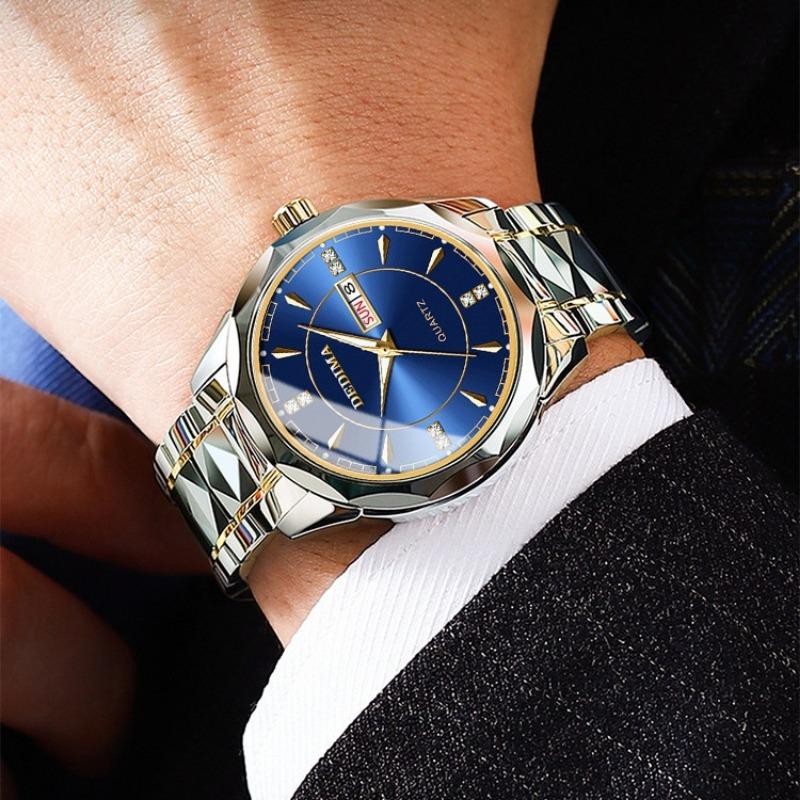 New Trend Men's Watch Men's Waterproof Tungsten Steel Style Calendar Quartz Watch Stainless Steel Date Luminous Blue Clock Business Clock