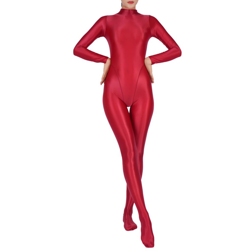 Women's Shiny Oil Glossy Body Stocking One Piece Smooth Stretchy Back Zipper Full Bodysuits