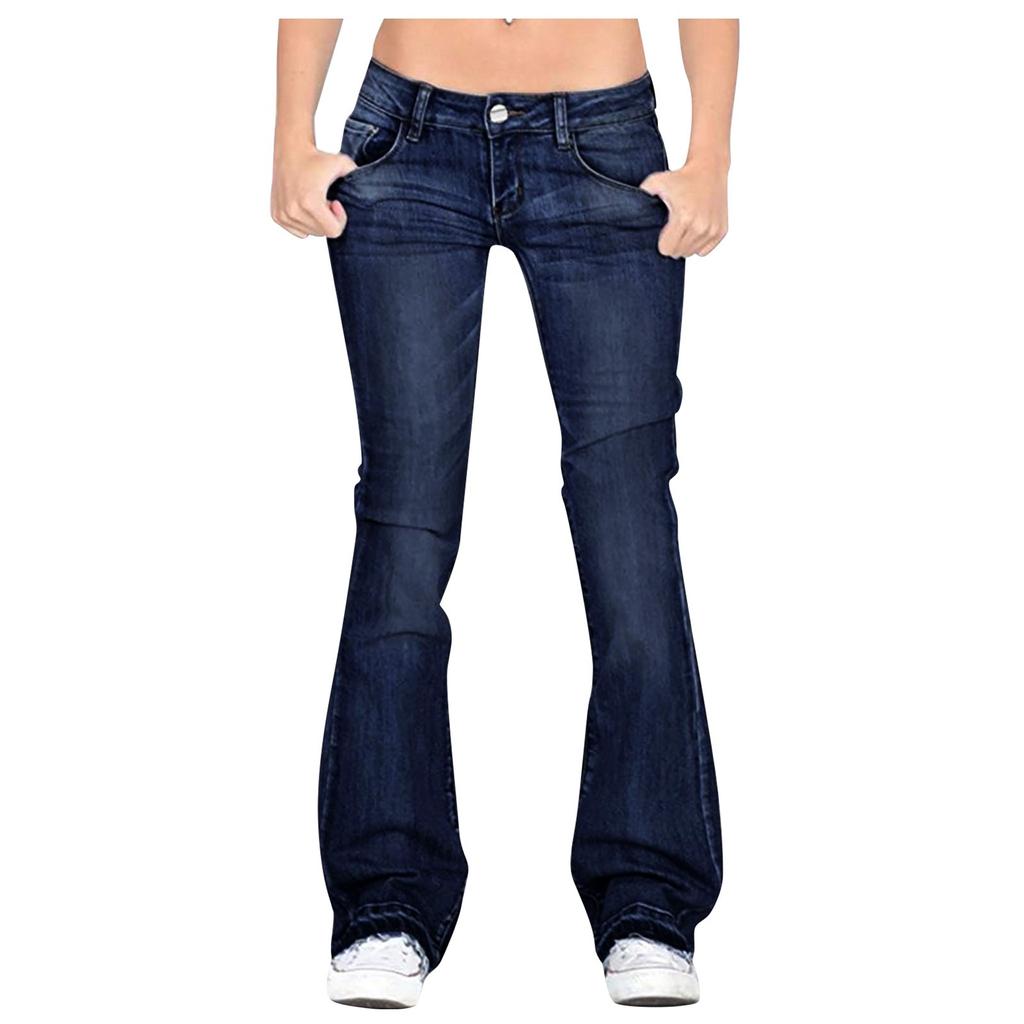 Women Flare Jeans Mid Waist Bell Jeans Stretch Slim Pants Length Jeans