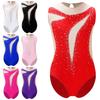 Kids Girls Patchwork Dance Leotard Figure Skating Performance Costume Shiny Rhinestone Leotard Sheer Mesh Bodysuit
