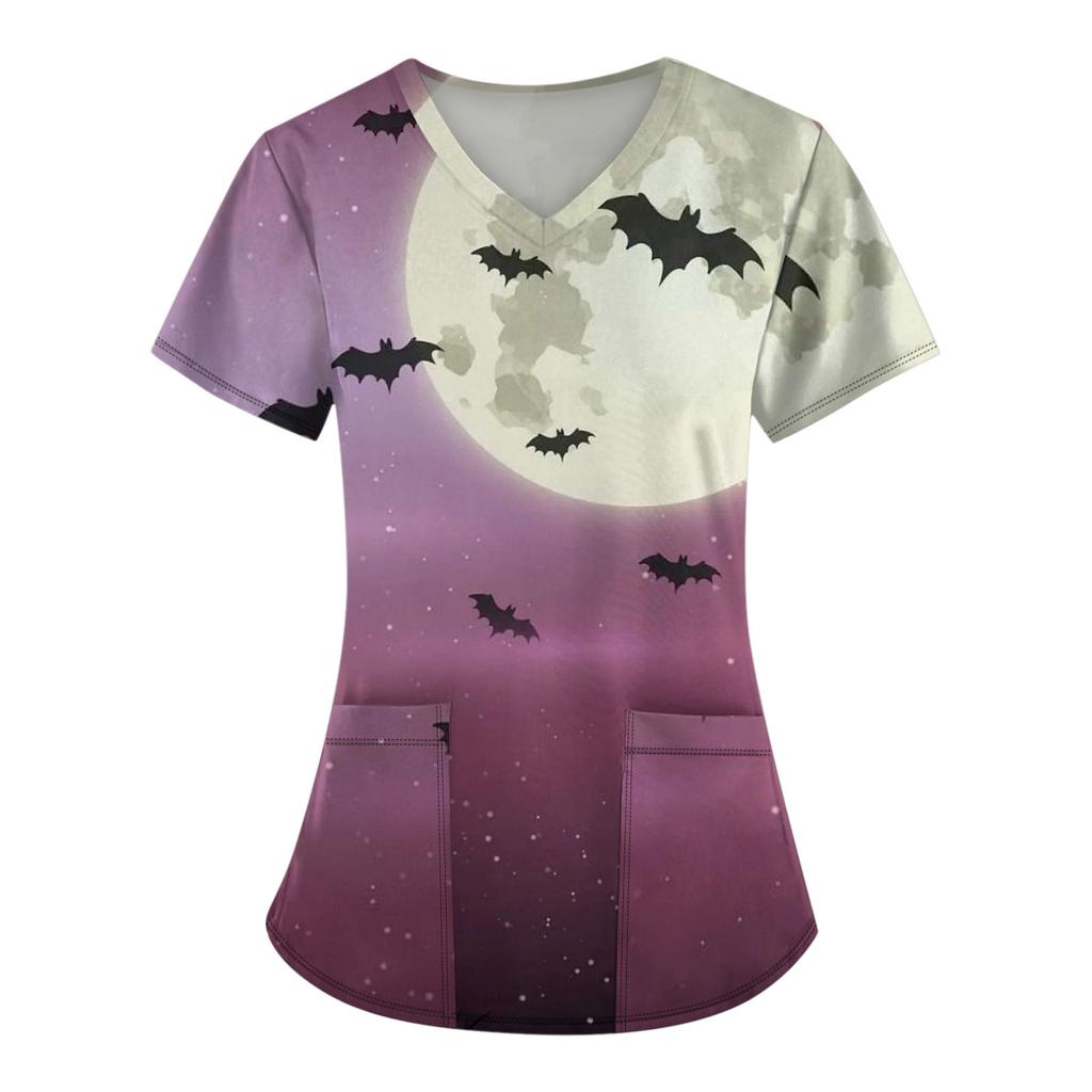 Женская модная футболка с коротким рукавом и v-образным вырезом с карманом на Хэллоуин