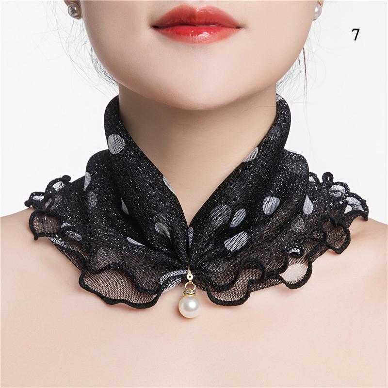 Mesh Pearl Pendant Fake Collar Elegant Printed Women False Collar Ruffle Lace Small Scarf Shiny Headware Dress Accessories