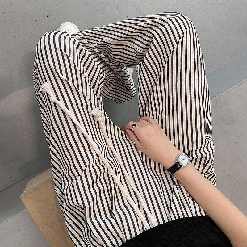 Women's Korean Pinstripe Wide-Leg Pants - Summer Casual, Loose Fit, Elastic Waist & Drawstring, Textured Straight-Leg.