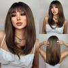Long Brown Straight Layered Wig with Bangs Natural Looking Soft Synthetic Wigs Daily Party Use Fake Hair High Temperature Fiber