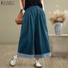 Women Casual Elastic Waist Loose Wide Leg Cropped Pants