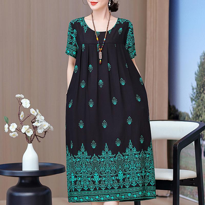 Elegant Long Dresses with Sleeves Plus Size Casual Loose Short Sleeve Vintage Dress for Women Summer Clothes