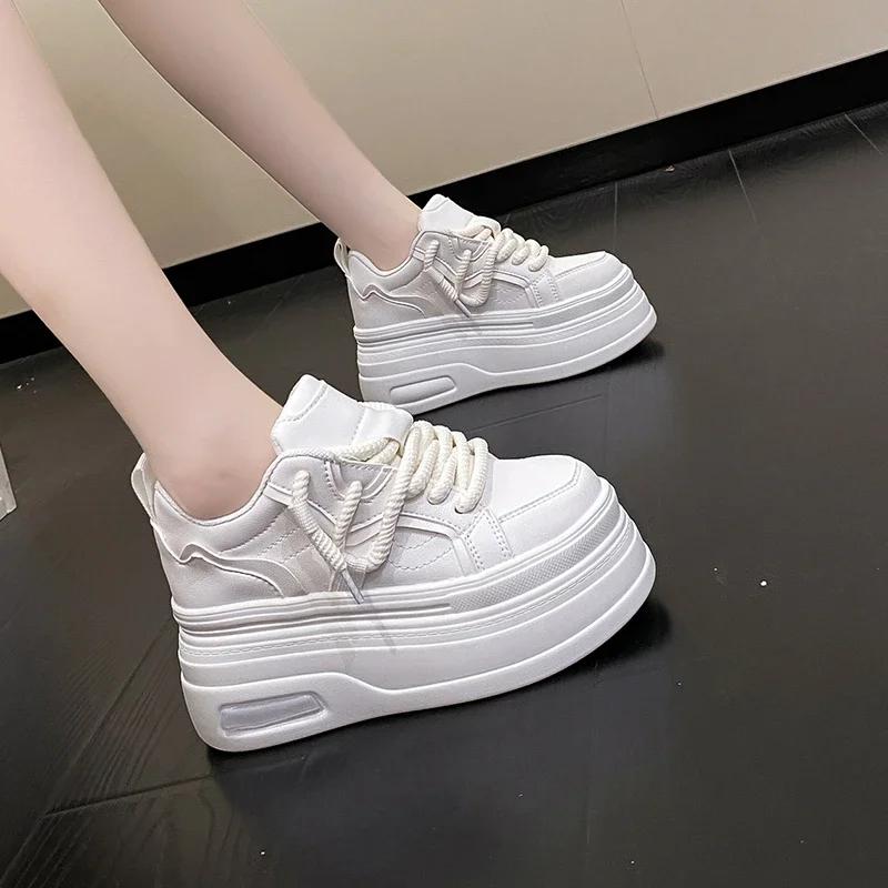 Tide Platform Sneakers Women Spring Autumn Round Toe Lace-up Comfort 8CM Thick Bottom Sport Shoe Black White Casual Shoe