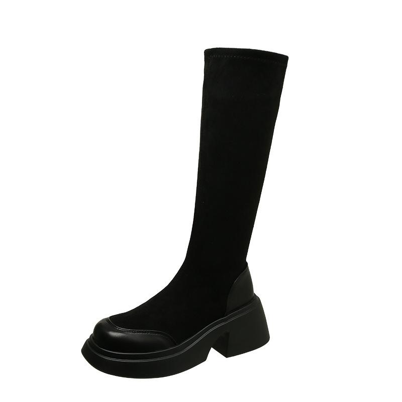 Women Long Sock Boots Autumn Winter Black Thick High Heel Round Head Elastic Stocking Boots Platform Slip On Casual Botines