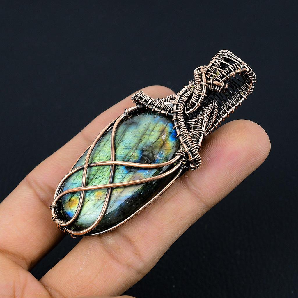 Labradorite Pendant, Handmade Gemstone 999 Copper Wire Wrapped Pendant Antique Jewelry, For Gift Silver Jewelry