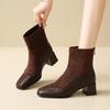 Fashion New Style Vintage Thick Heel Square Toe Women Ankle Boots Back Zippers Autumn Winter Shoes Ladies Elegant Slimming Short Booties