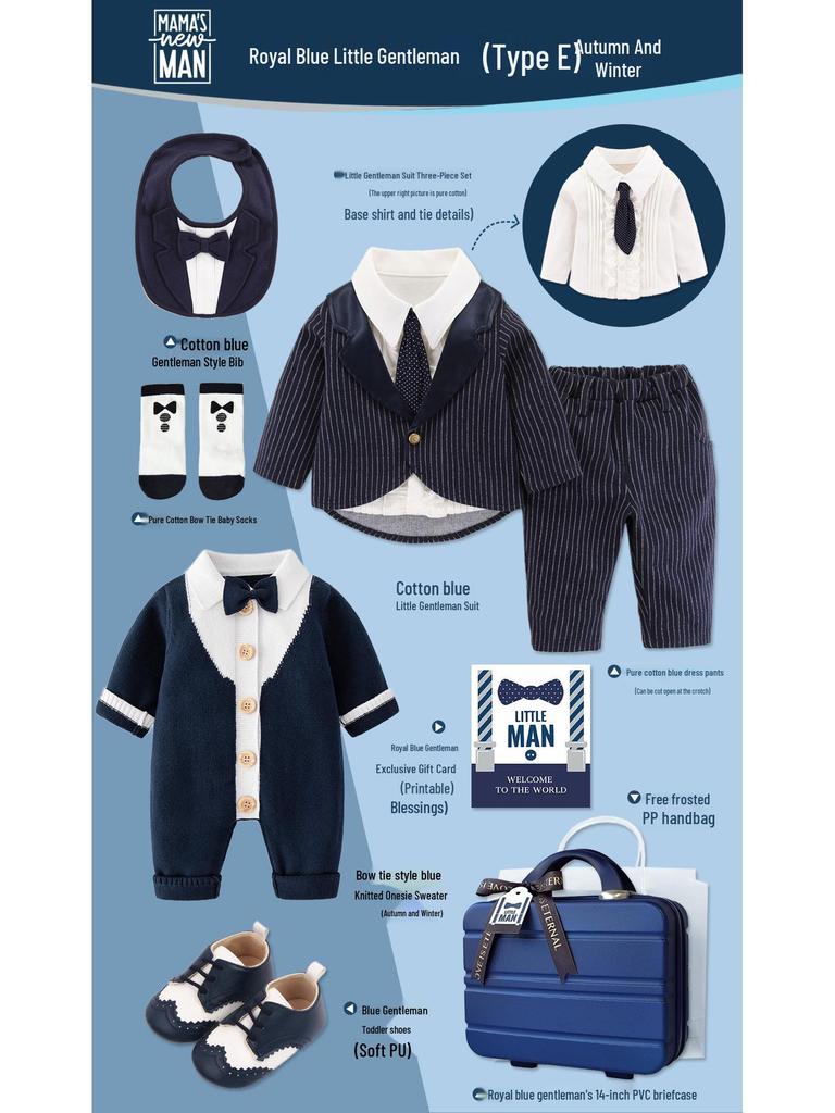 Royal Blue Baby Boy Gentleman Suit Gift Set for Autumn/Winter - Perfect for First Birthday, Full Moon, or Hundred Days Celebration