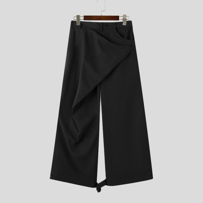 INCERUN Men Autumn Spring Solid Color Zipper Waist Trousers Casual Irregular Wide Leg Pants