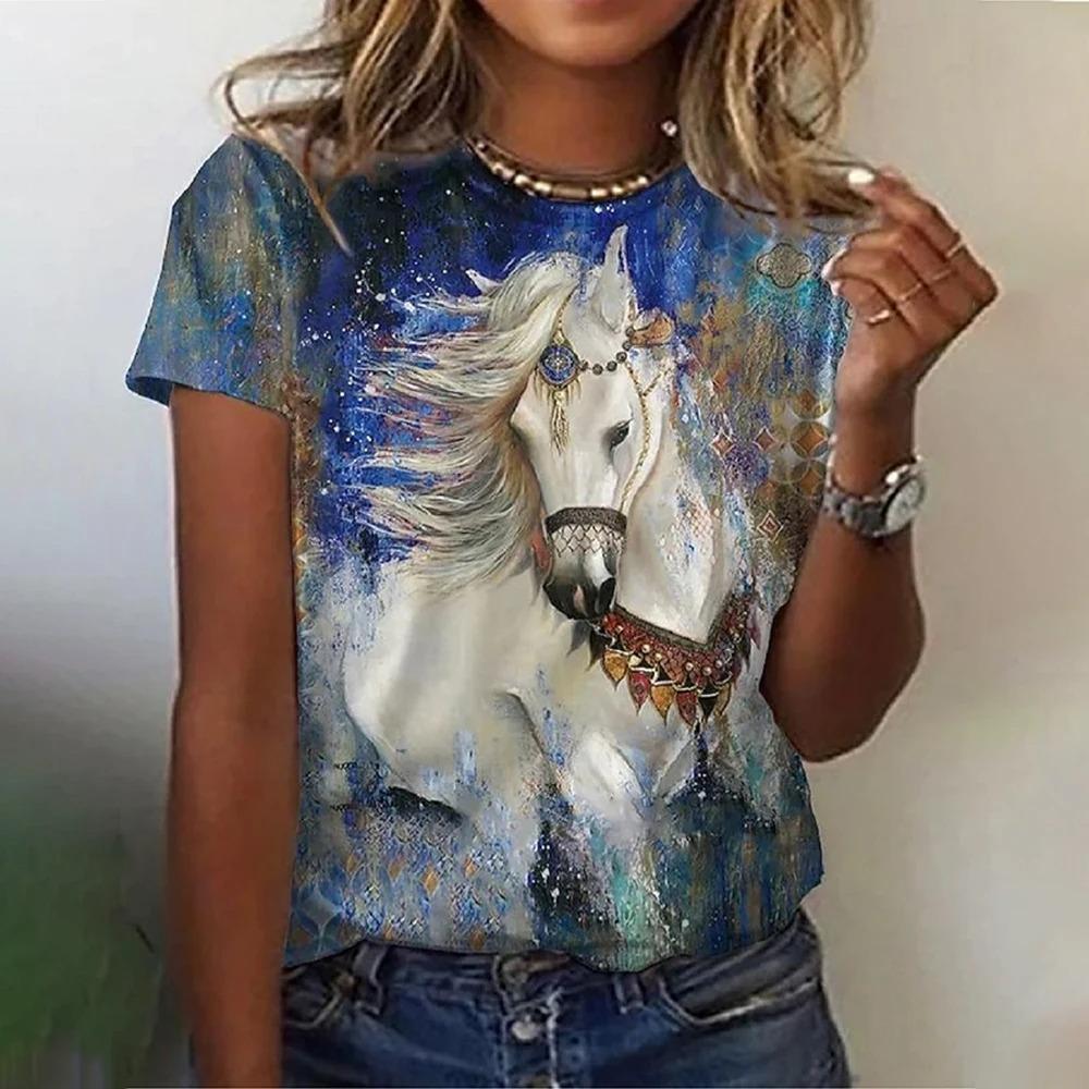 Summer Horse 3d Print T-shirts Women Streetwear Casual Fashion Oversized Short Sleeve Y2k O-neck Kids Tees Tops Clothing