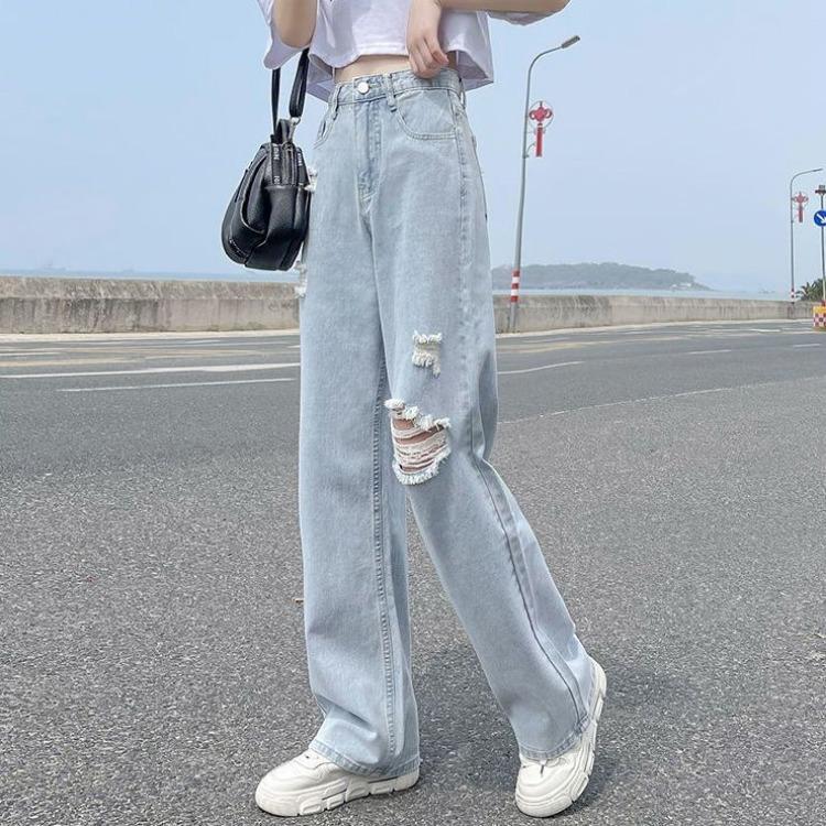 Summer High Waist Ripped Straight Jeans Women Loose Fit Thin Stretchy Wide Leg Comfort Trendy Pants