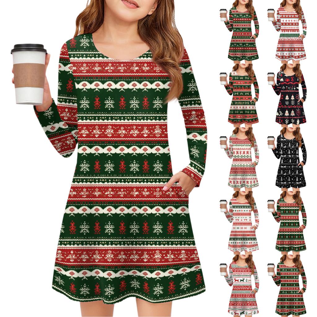 Christmas Day Girls' Long Sleeve Dress - Color Pocket Dress