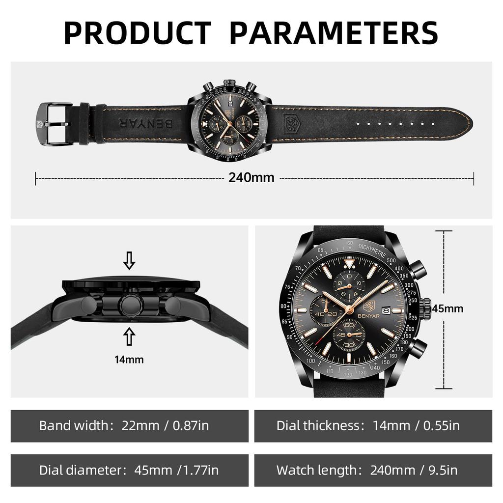 BY BENYAR Watch Watch Chronograph Analog Watch 30M Water Resistant Business Simple Stylish Popular Formal Leather Belt Quartz Watch Gift for Men Brown