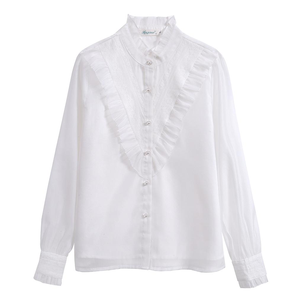 New 2024 Fashion Autumn Long Sleeve Stand Collar Casual Lace Ruffles White Chiffon Blouse Shirt Women Tops Blouses Shirts J515