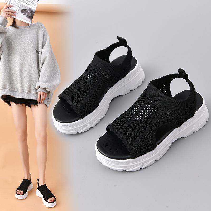 2025 Summer New Sports Sandals Women's Korean Version Breathable Thick-soled Sandals Hollow Elastic Mesh Fly-woven Socks Shoes