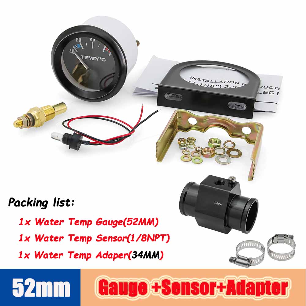 52mm Water Temperature Gauge 40-120 Celsius with Adaptor Joint Pipe Radiator 1/8NPT Sensor Car Racing Water Tank Level Indicator