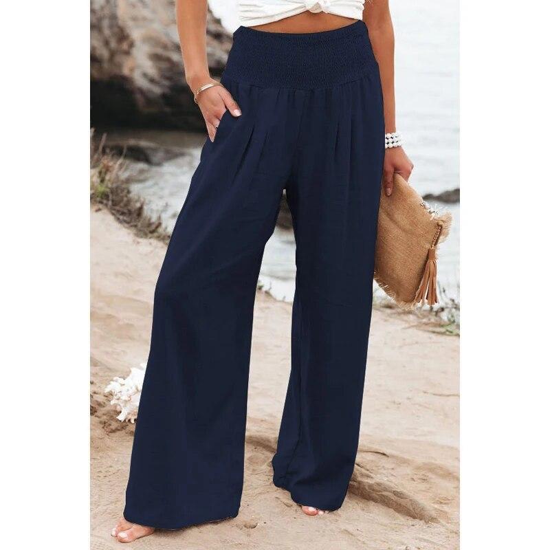 Spring Autumn Women Elastic Wide Leg Pants Fashion Casual Green Cotton Linen Long Pants Pleated Loose OL Style Trousers 30766