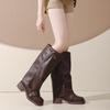 Vintage Western Cowboy Boots Women's 2025 Pleated Pile Boots Round Head Chubby Heel Belt Buckle Medium Pants Tube Knight Boots