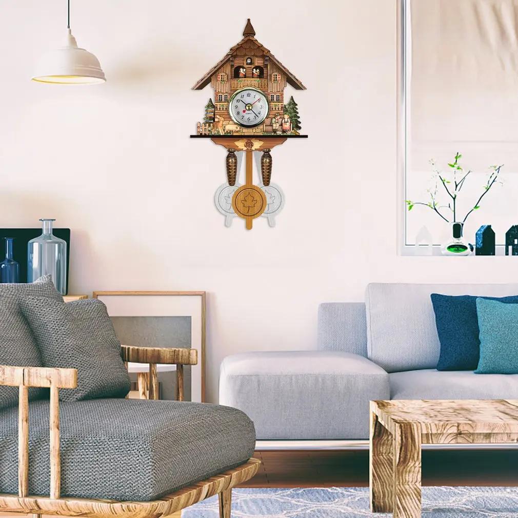 New Clock Wall Wooden Wood Pendulum Vintage Clocks Cuckoo Kids Bird Hanging Retro 3D Chiming Decor Forest Silent Decorative Room