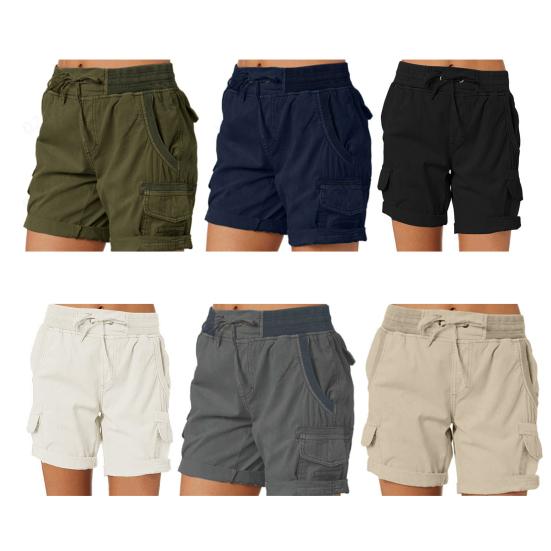 Women Shorts High Waist Adjustable Drawstring Cargo Shorts with Pockets Solid Color Summer Casual Shorts Daily Wear