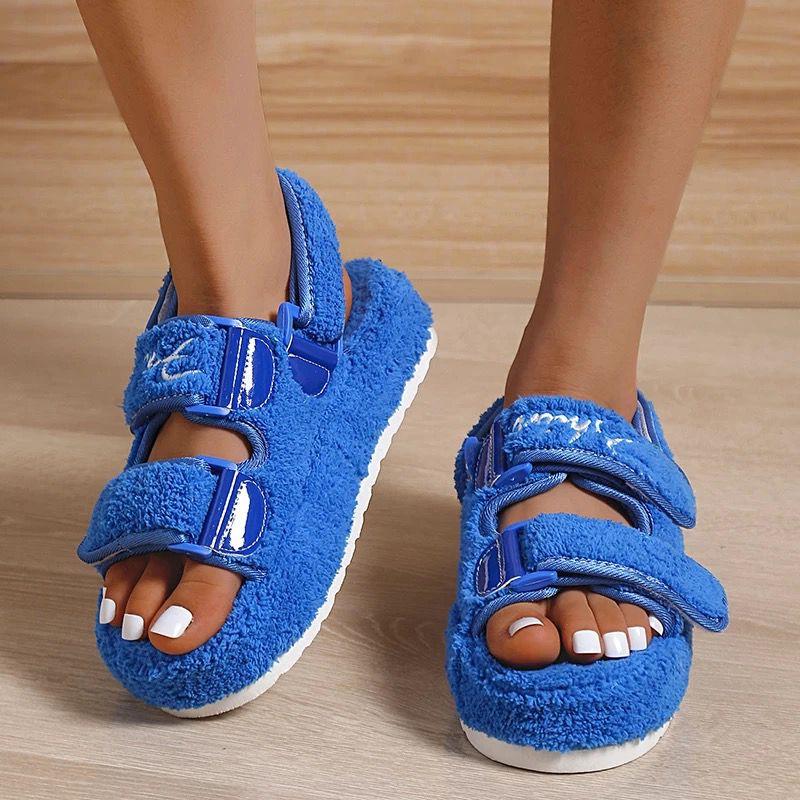 Summer Thick Flat Slides Sandals Girl Fashion Casual Beach Shoes Ladies Open-Toe Plus Size Shoes Fur Platform Sandals Women