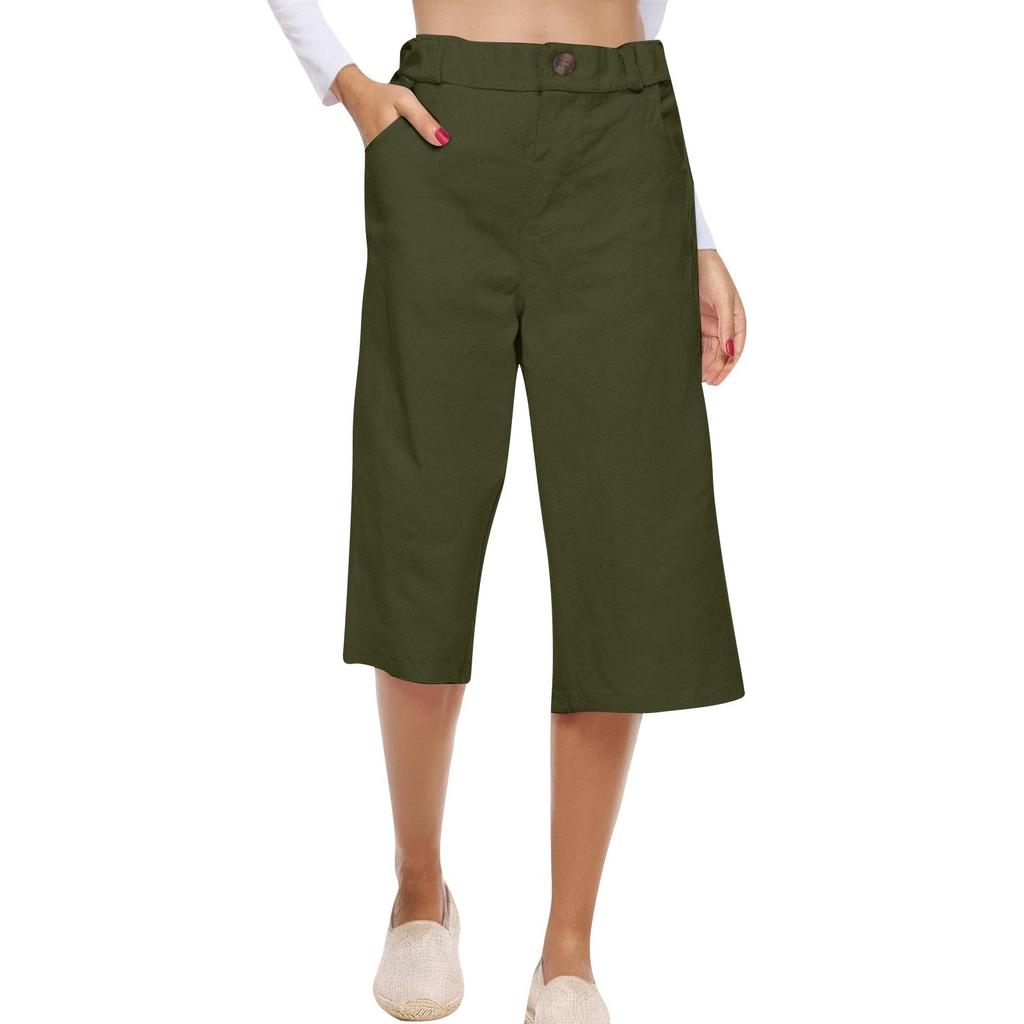 Women's Solid Color Cotton And Linen Fashionable Loose High Waist Cropped Casual Pants