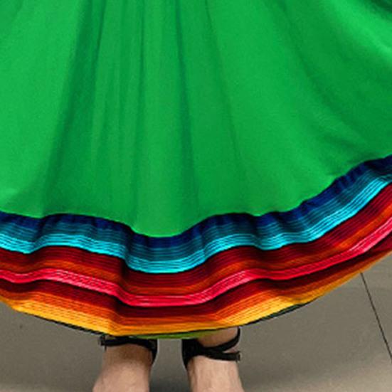 Maxi Skirt Ladies Folk Dance Skirt Elastic Waist Spanish Swing Skirt Rainbow Large Swing Hem Mexican Flamenco Performance Skirt