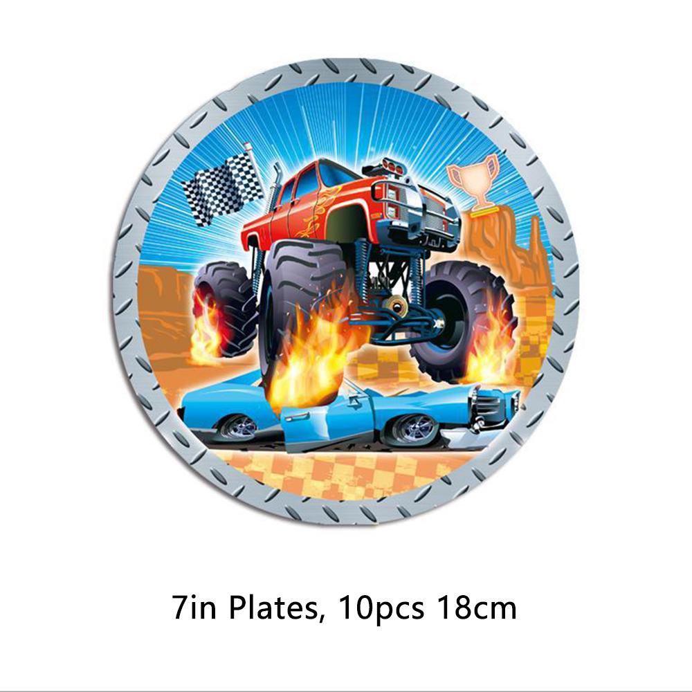 Monster Truck Theme Tableware Kit Including Plates, Cups, Napkins, Tablecloth