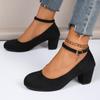 2024 High Quality Women's Shoes New Round Toe Solid Color Suede Shallow Mouth Thick Heel One-line Buckle Women's High Heels